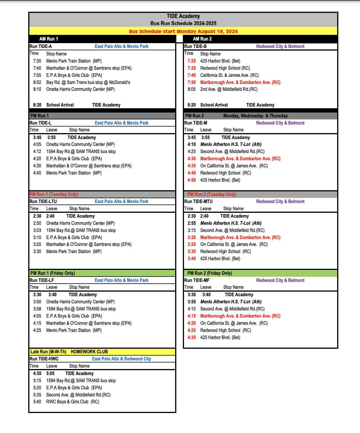 TIDE Bus Run Schedule 2024-2025