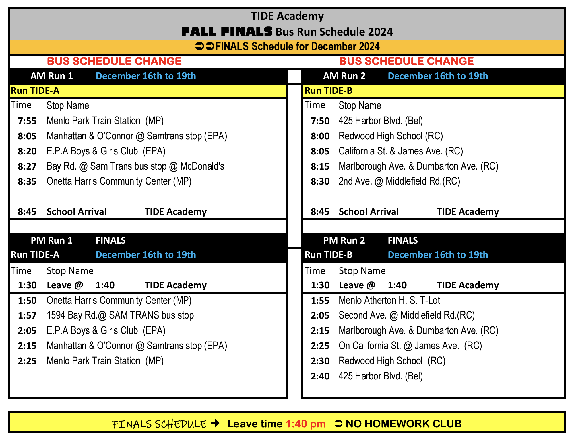 Fall Finals Bus Schedule 2024