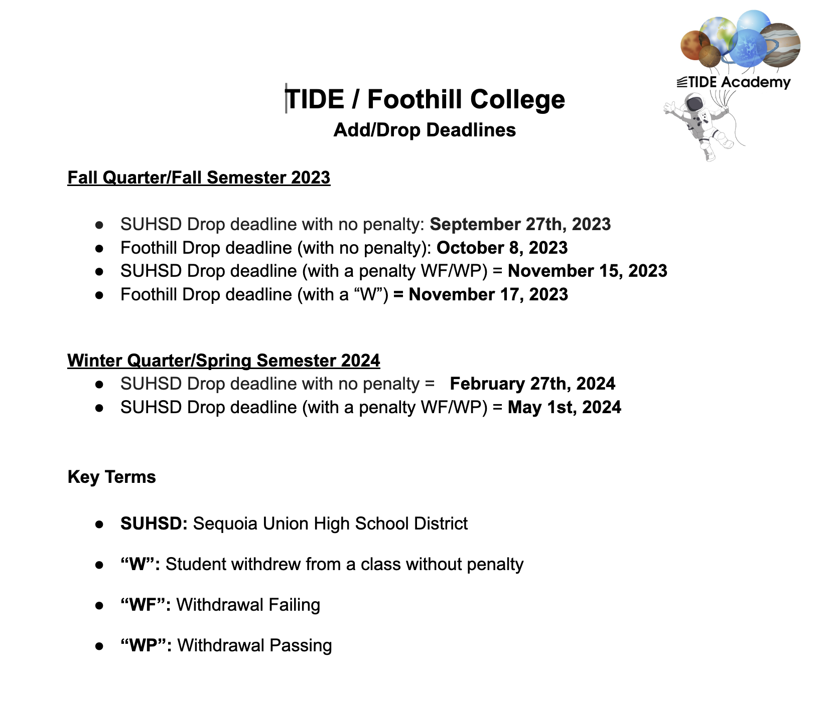 TIDE / Foothill College  Add/Drop Deadlines