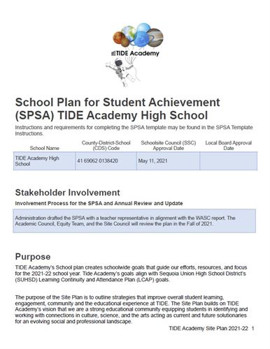 TIDE Academy High School in Menlo Park - School Plan for Student Achievement 2021-2022